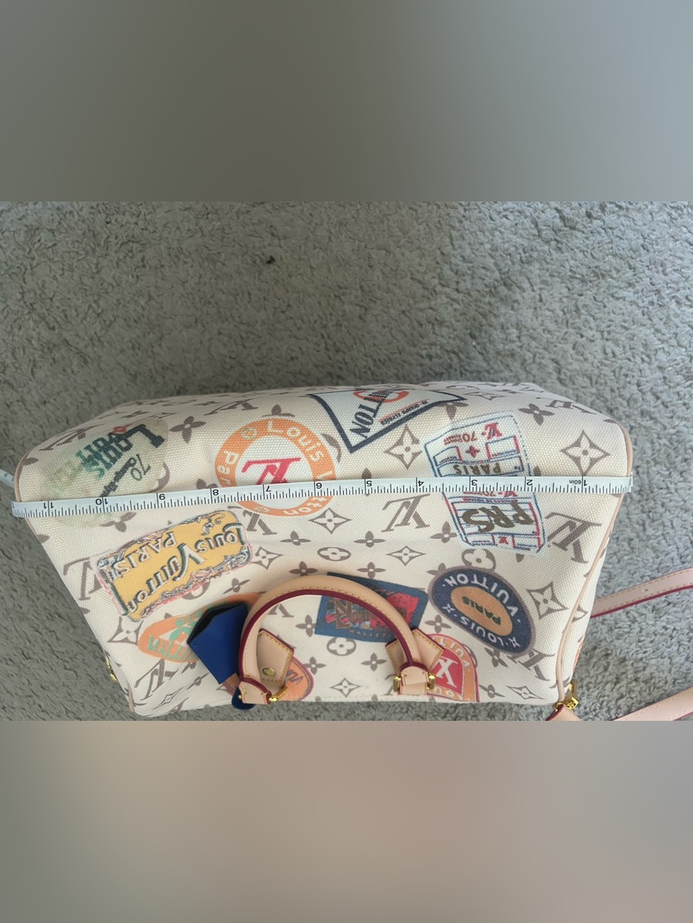 Beige Monogram Travel Patch Satchel with Blue Tag and Pink Straps - Picture 11 of 14